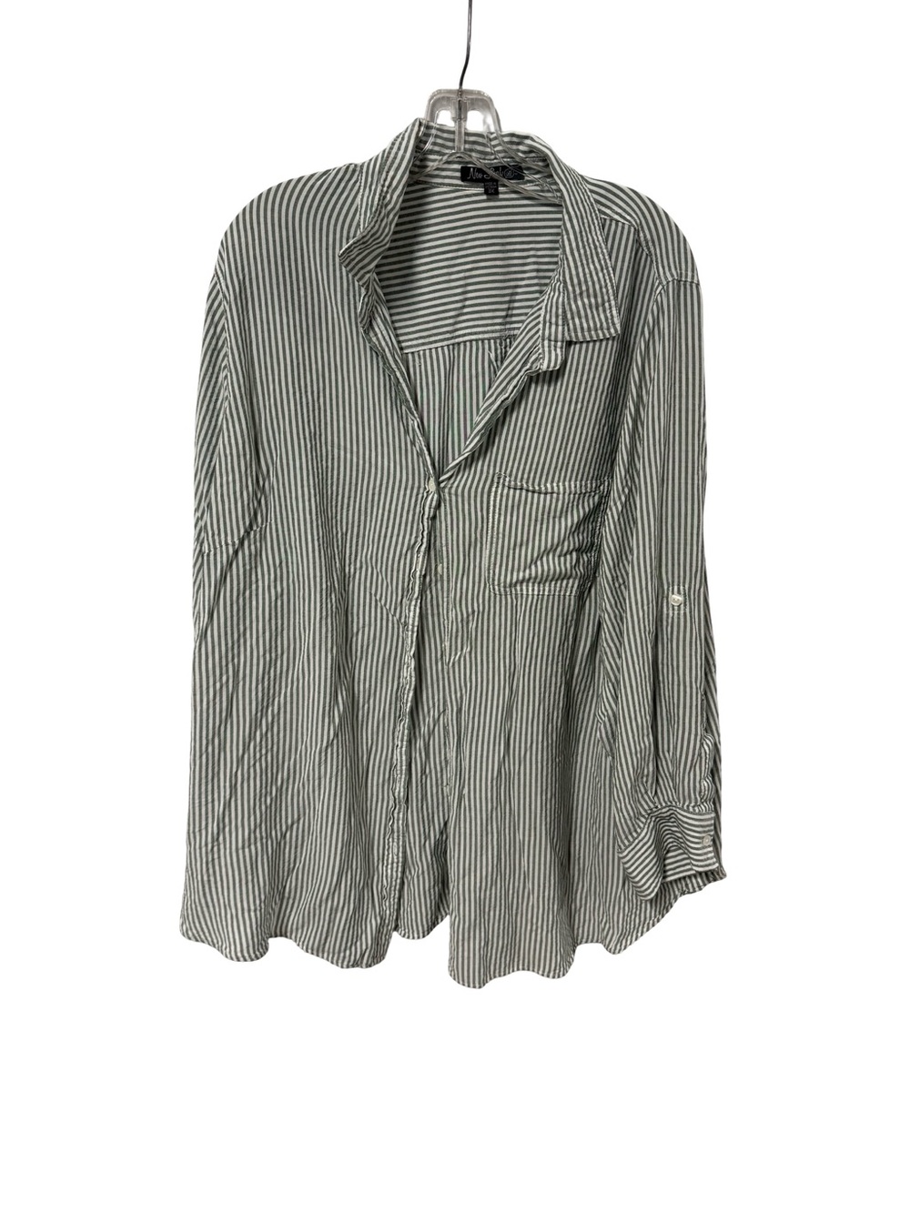 New Look Plus Women’s Green and White Vertical Stripe Button-Down Shirt